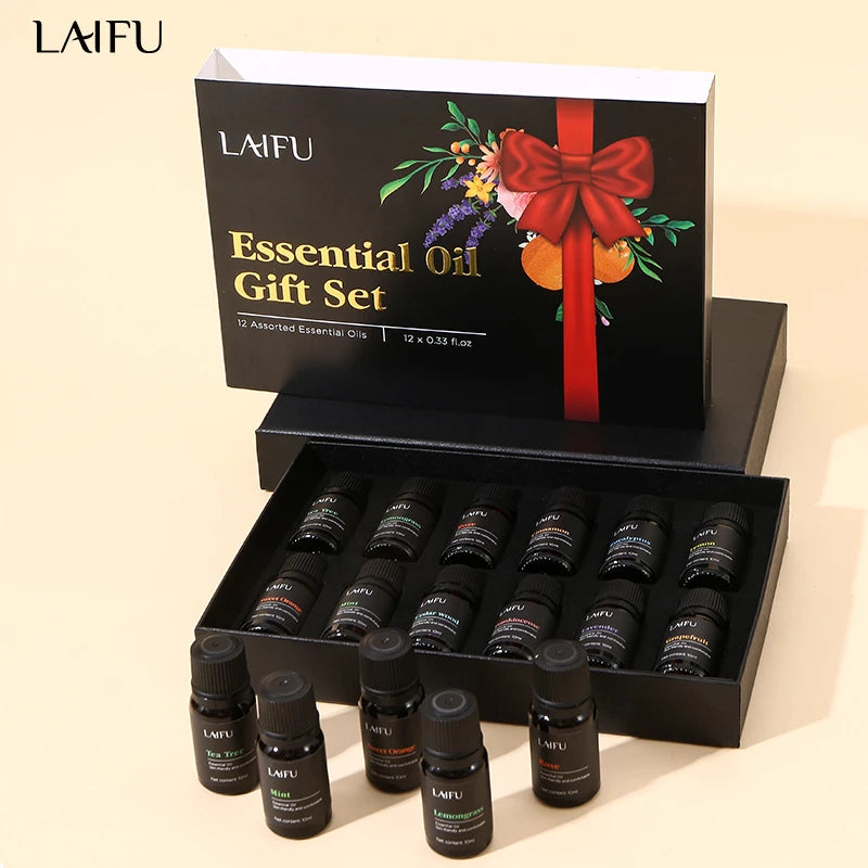 LAIFU Essential Oil Gift Set with black bottles and a decorative box on a beige background