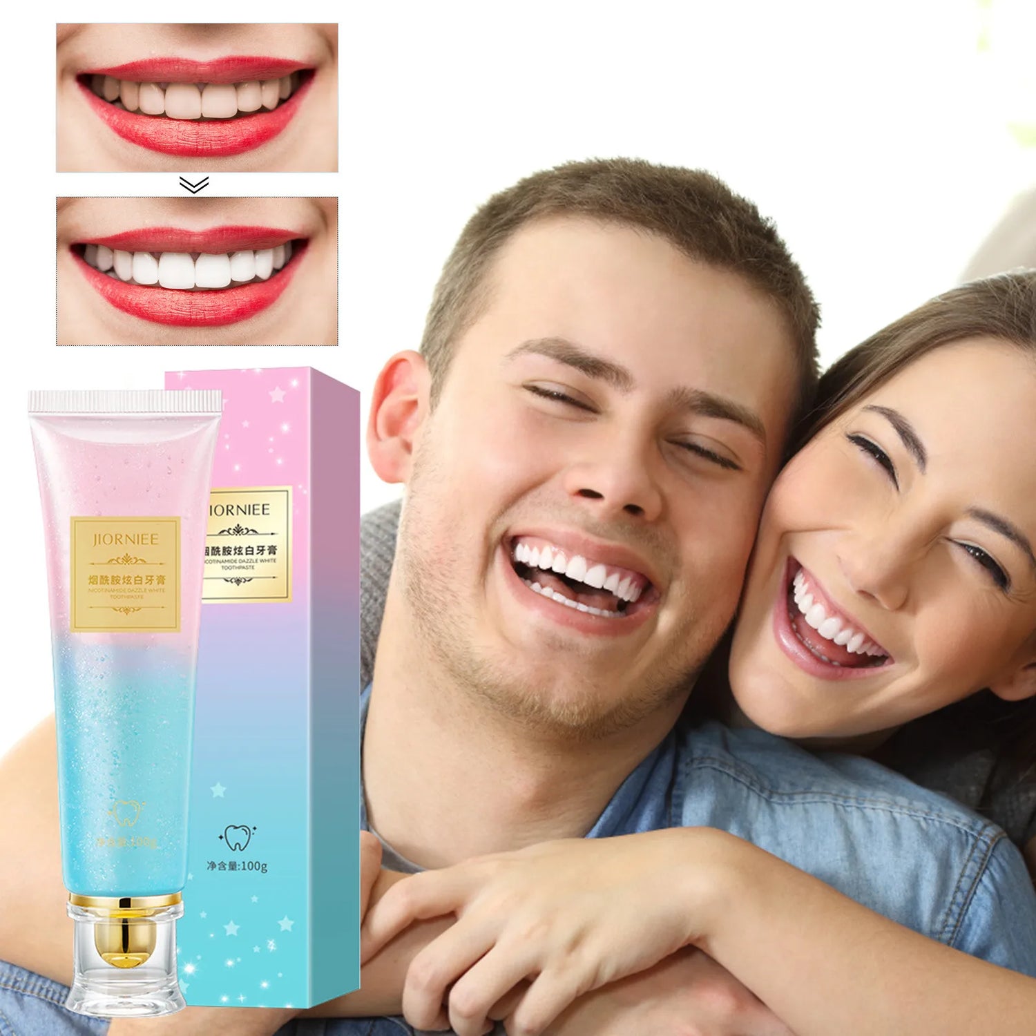 Couple with bright smiles and a box of skincare product