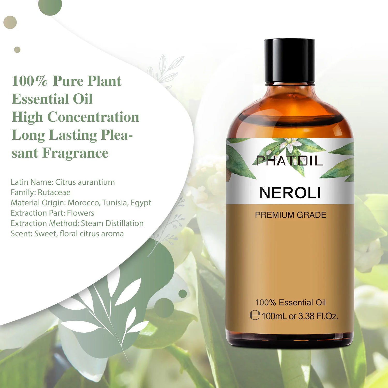 Bottle of PhatOil Neroli essential oil with product details on a green leafy background