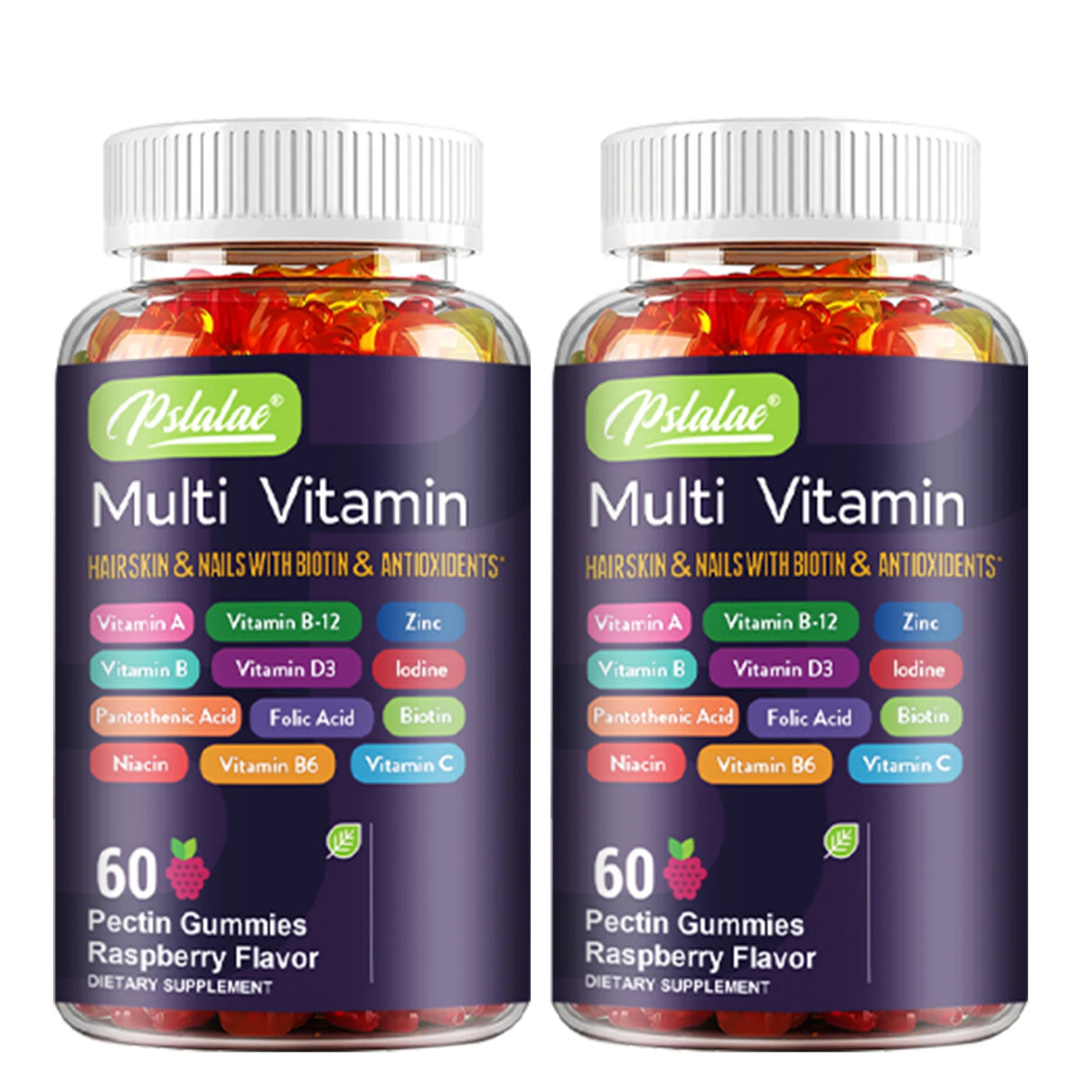 Two bottles of Pkalae Multi Vitamin gummies on a white background