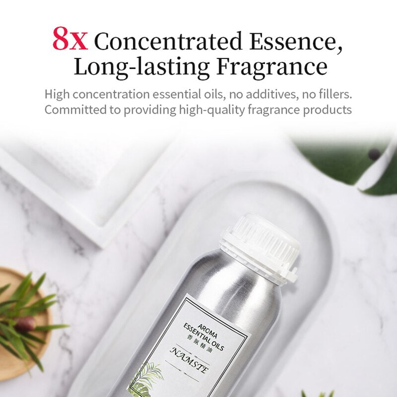 Silver bottle of Aroma Essential Oils with text about concentrated essence and long-lasting fragrance on a white background.