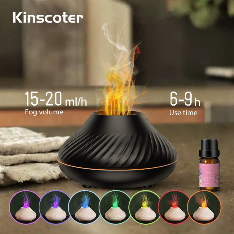 Black essential oil diffuser with colorful flames and product details on a blurred background