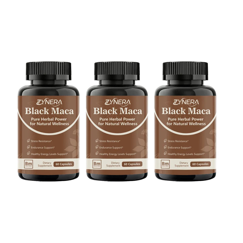 Three bottles of Zynera Black Maca supplement on a white background