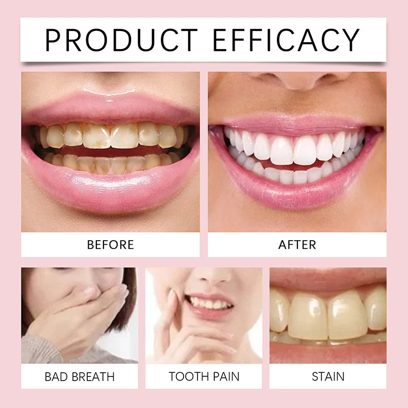 Before and after comparison of teeth with product efficacy on a pink background