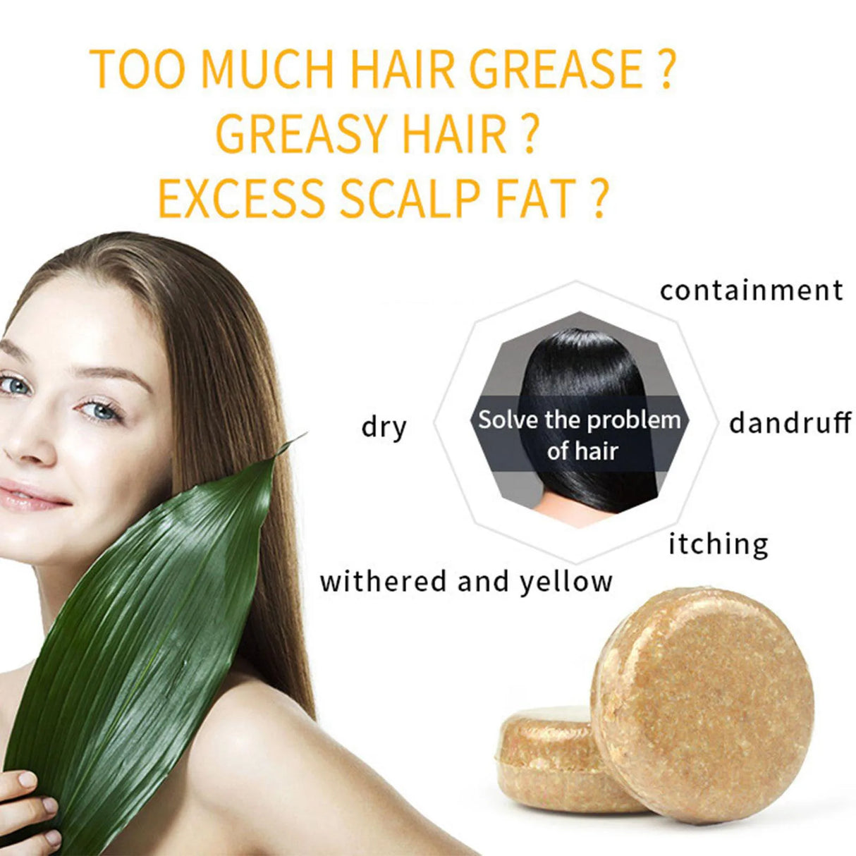 Product for hair care with a woman and green leaf, text about hair issues and product benefits.