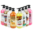 Assorted bottles of shower gel with various labels on a white background