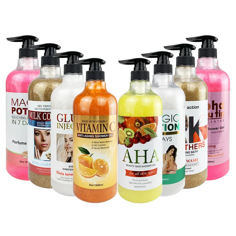 Assorted bottles of shower gel with various labels on a white background