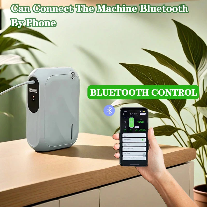 Bluetooth control device with smartphone app on a wooden surface with plants in the background