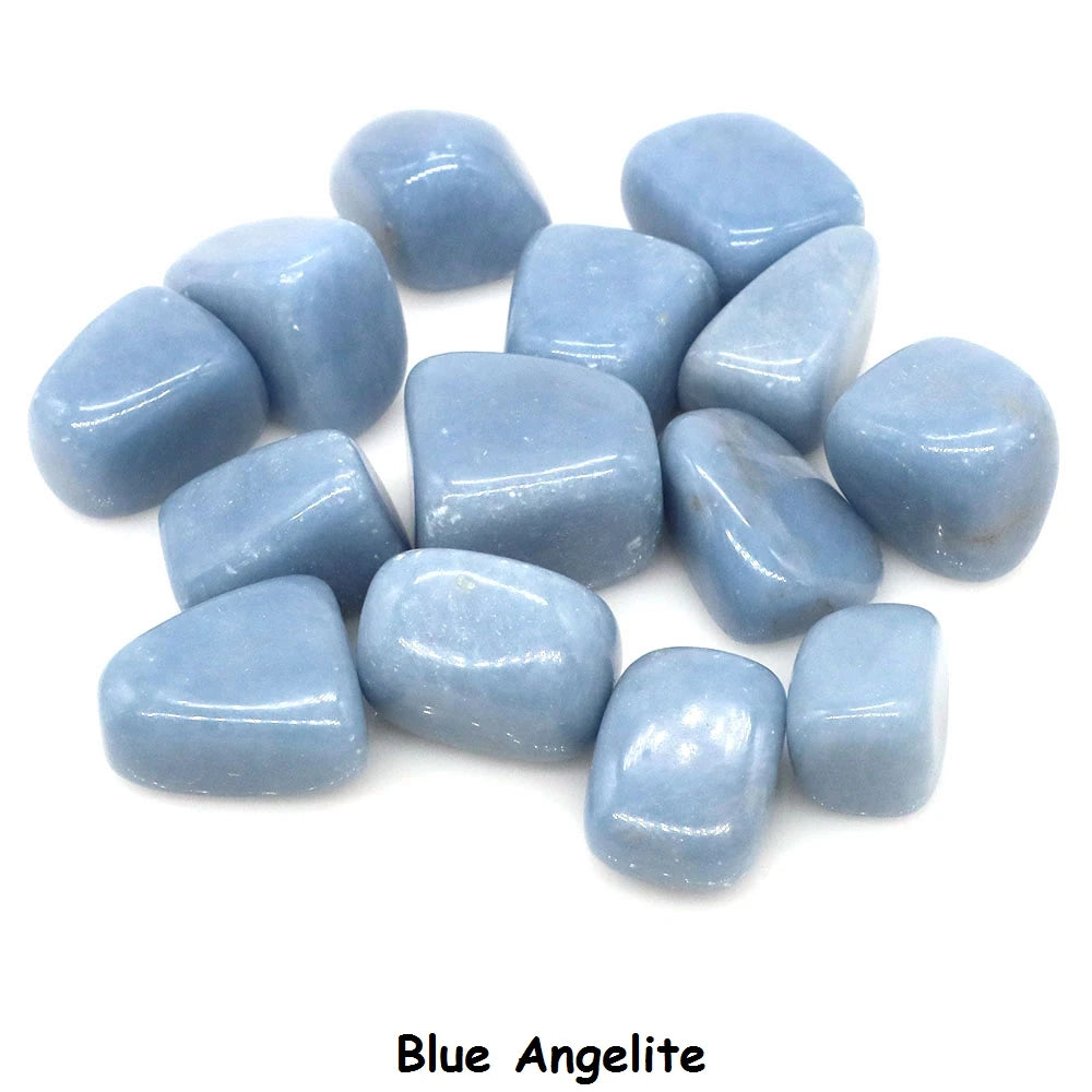 Blue angelite stones on a white background