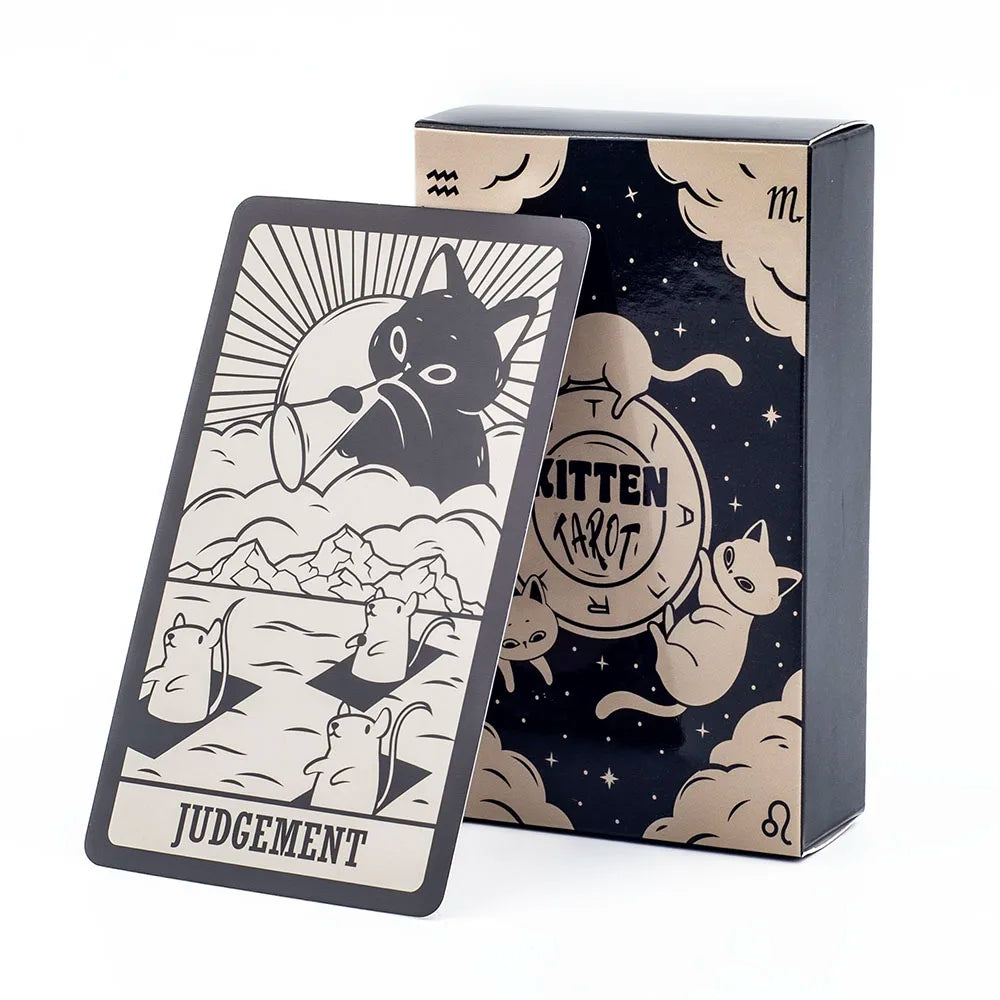 Tarot card with 'Judgement' and packaging featuring cat illustrations on a white background