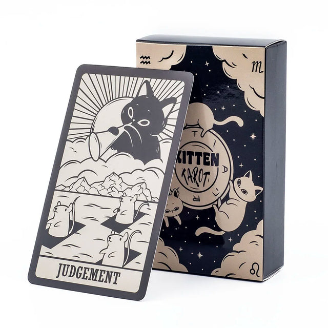 Tarot card with 'Judgement' and packaging featuring cat illustrations on a white background