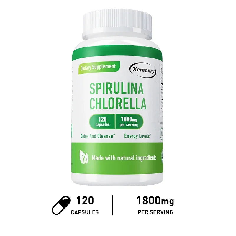 Bottle of Spirulina Chlorella dietary supplement with green and white label on a white background