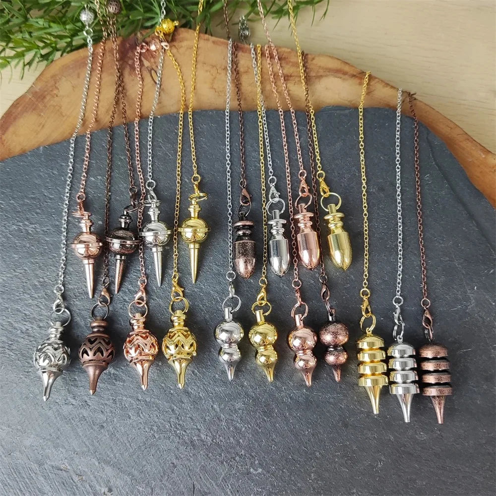 Collection of variously designed necklaces with pendants on a wooden stand against a natural background.