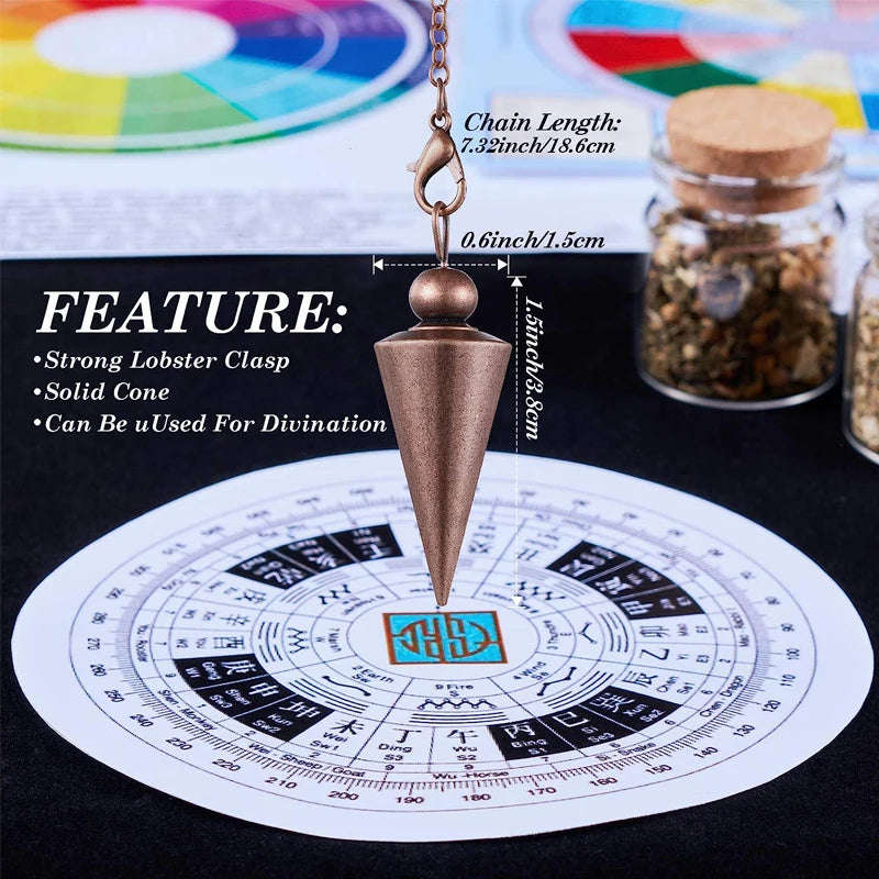 Bronze pendulum with chain on a divination wheel, surrounded by decorative items.