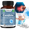 Didacat Candida Advanced Complex supplement bottle with images of a person holding their stomach and a gut illustration.