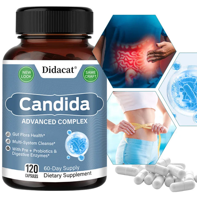 Didacat Candida Advanced Complex supplement bottle with images of a person holding their stomach and a gut illustration.