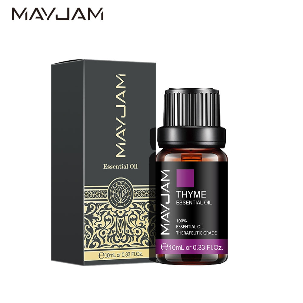 MayJam Thyme essential oil bottle and packaging on a white background