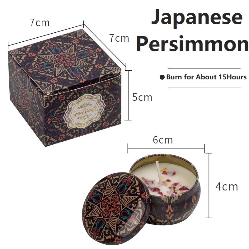 Decorative candle in a tin with measurements and product name 'Japanese Persimmon'.