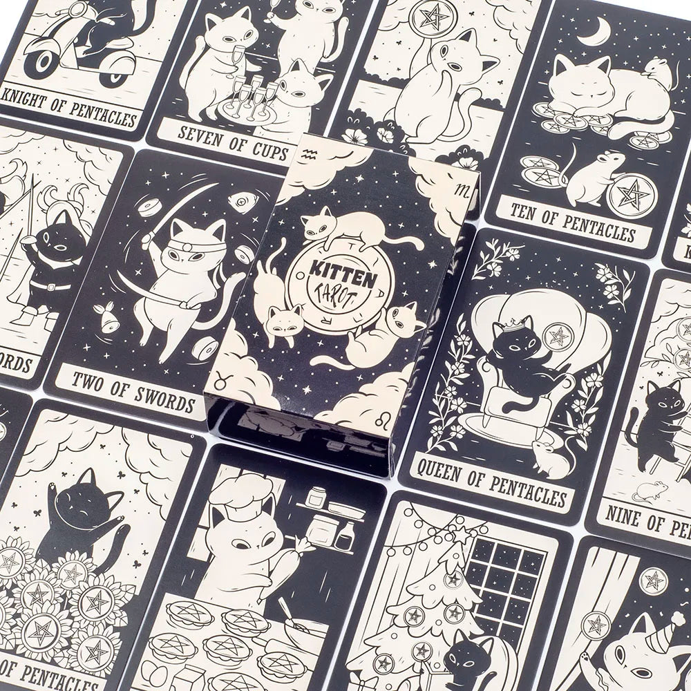 Collection of tarot cards featuring cats in various poses with black and white illustrations.