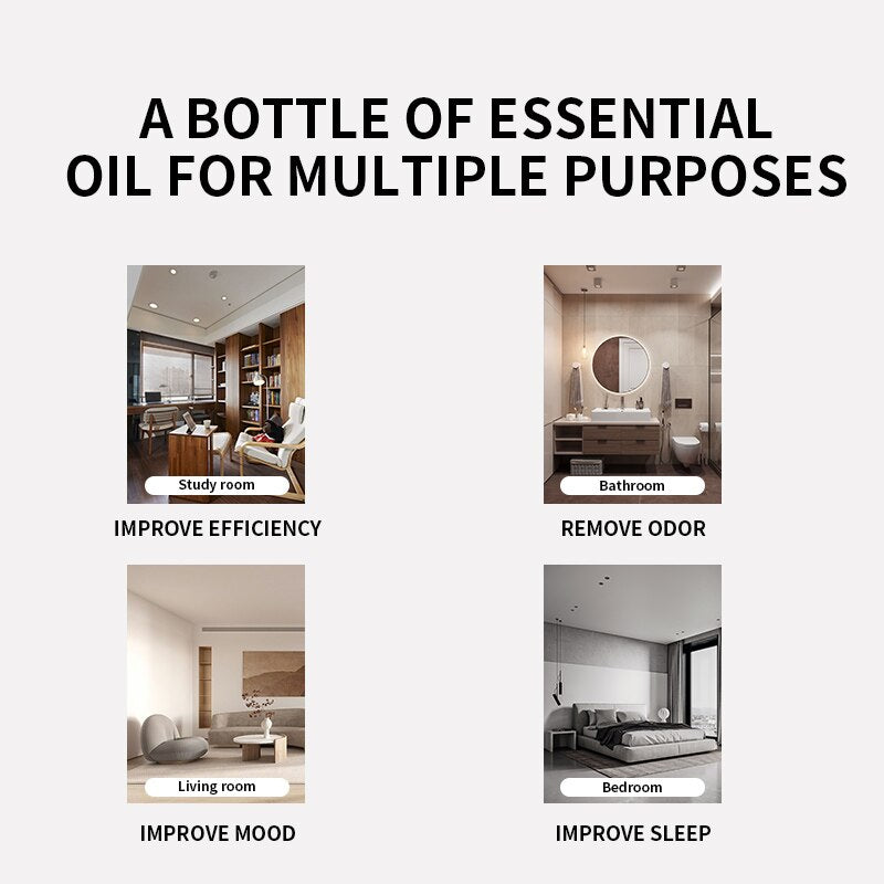 Advertisement for essential oil with its uses in different rooms of a house.