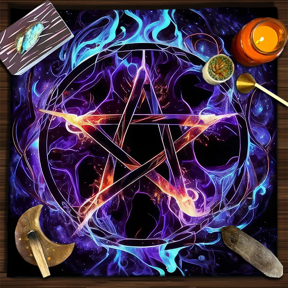 Colorful pentagram design with mystical items on a dark background