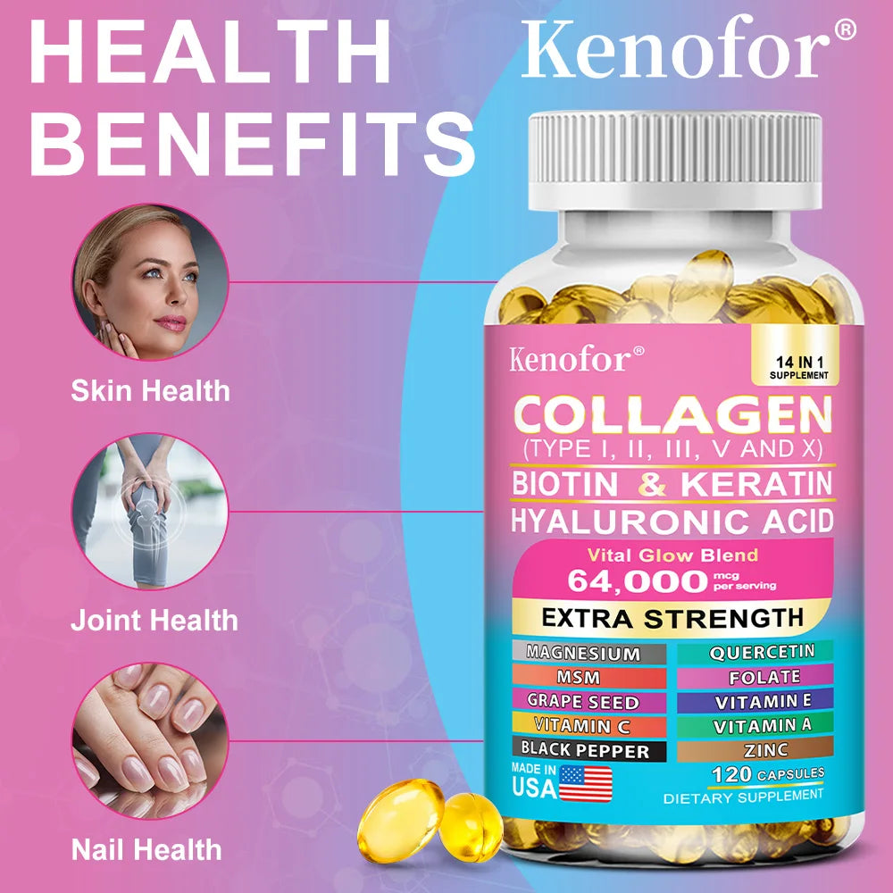 Bottle of Kenofor collagen supplement with health benefits on a colorful background