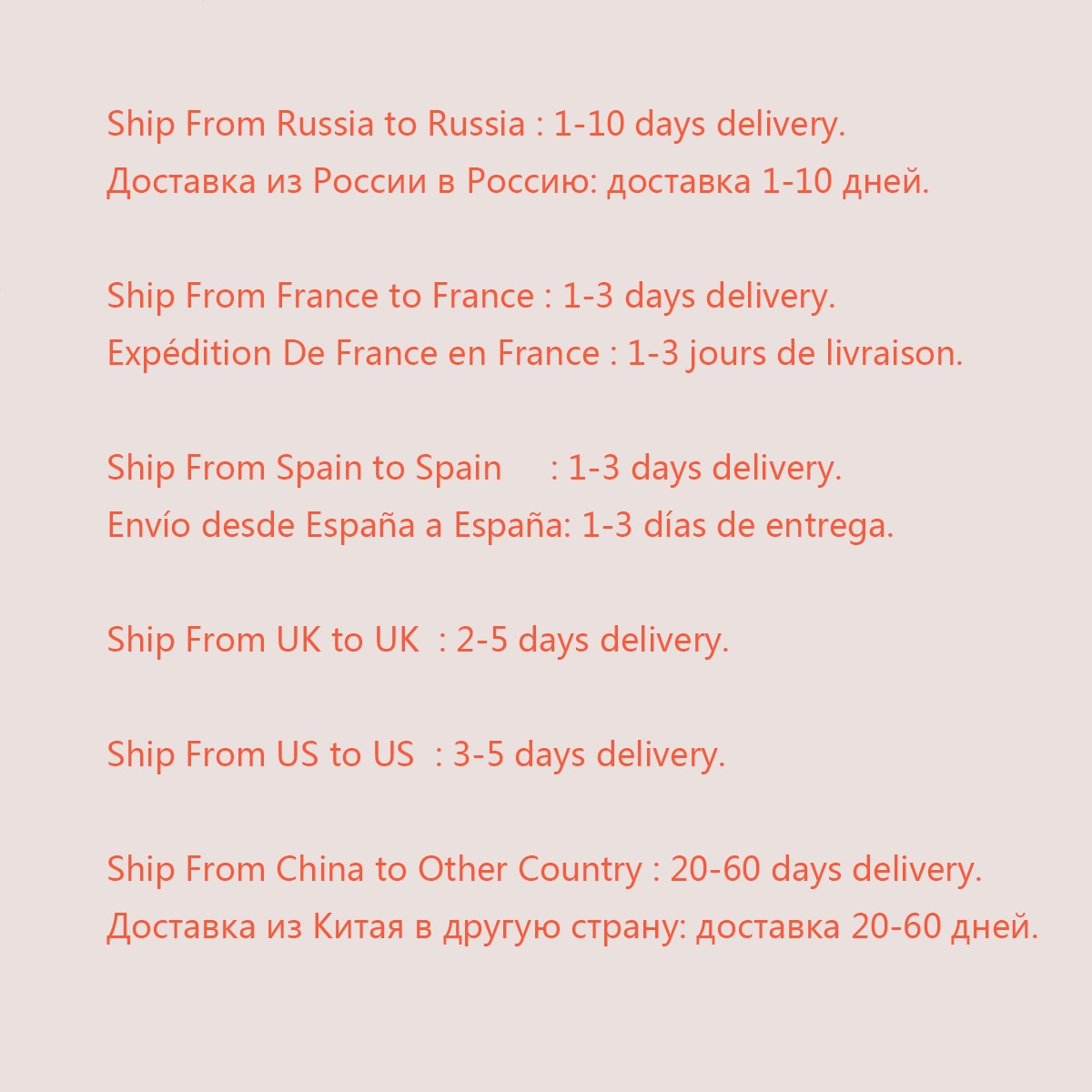 Text detailing shipping times from various countries to themselves on a light pink background.