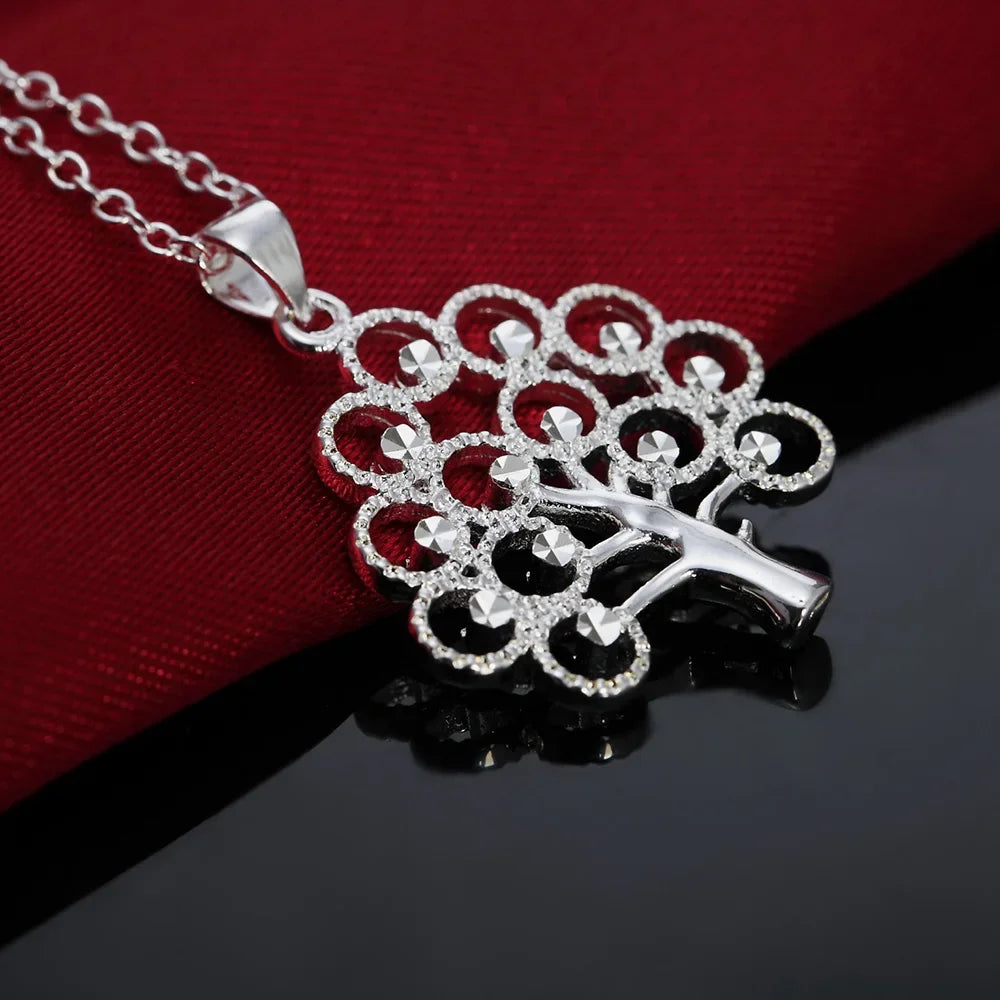 Silver necklace with a detailed pendant on a red and black background