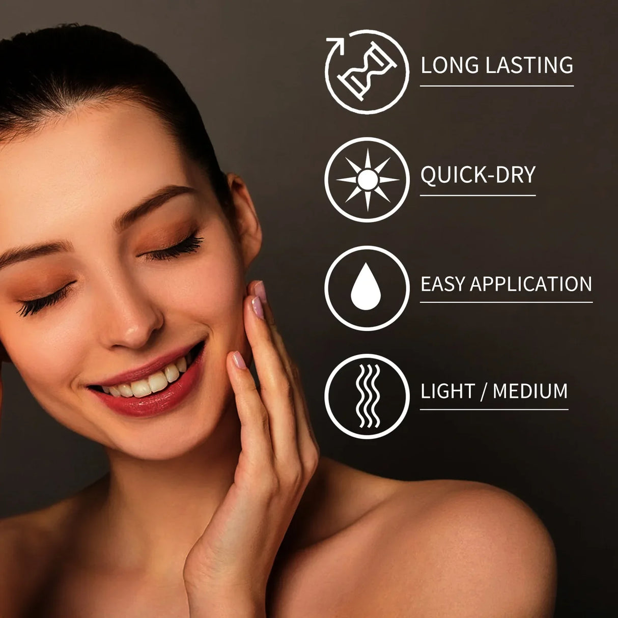 Woman applying makeup with icons and text indicating product features on a dark background