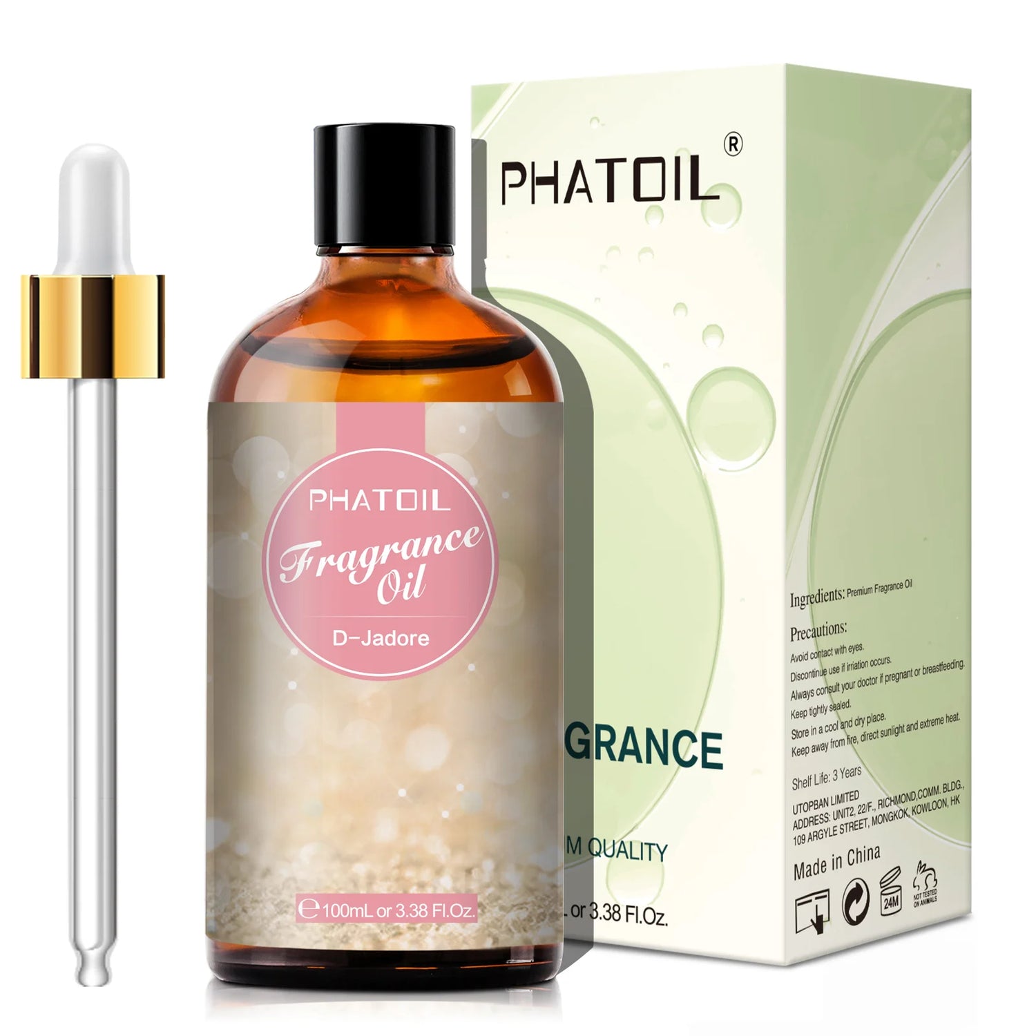 Phatoil fragrance oil bottle with dropper and packaging on a white background