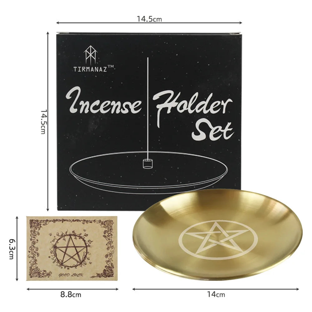 Brass incense holder with pentagram design and packaging labeled 'TIRMANAZ Incense Holder Set' on a white background.