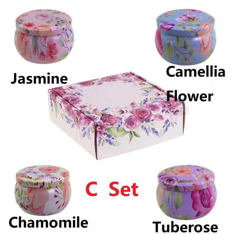Set of floral containers labeled 'Jasmine', 'Camellia Flower', 'C Set', 'Chamomile', and 'Tuberose' on a white background.