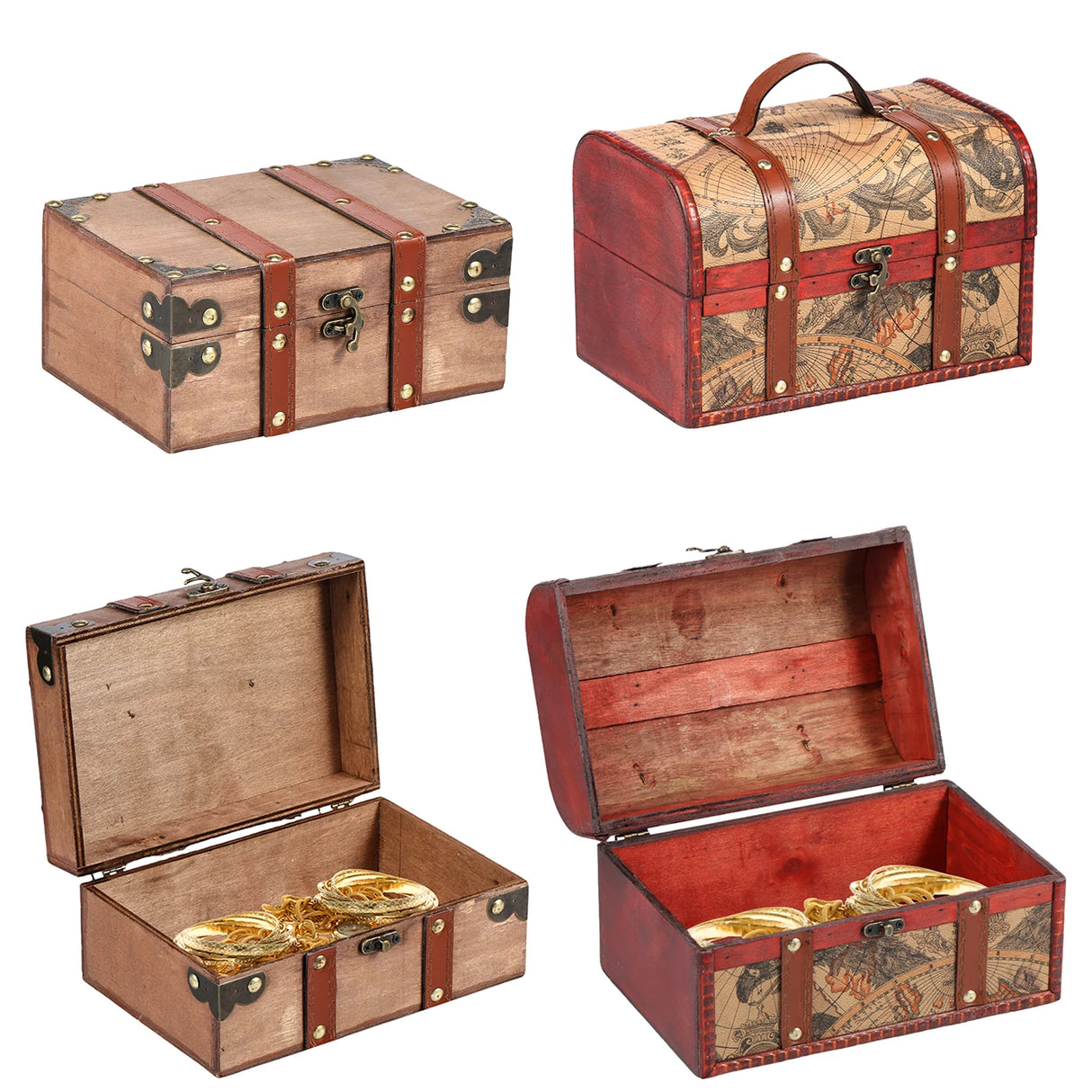 Set of wooden treasure chests with map design on a white background