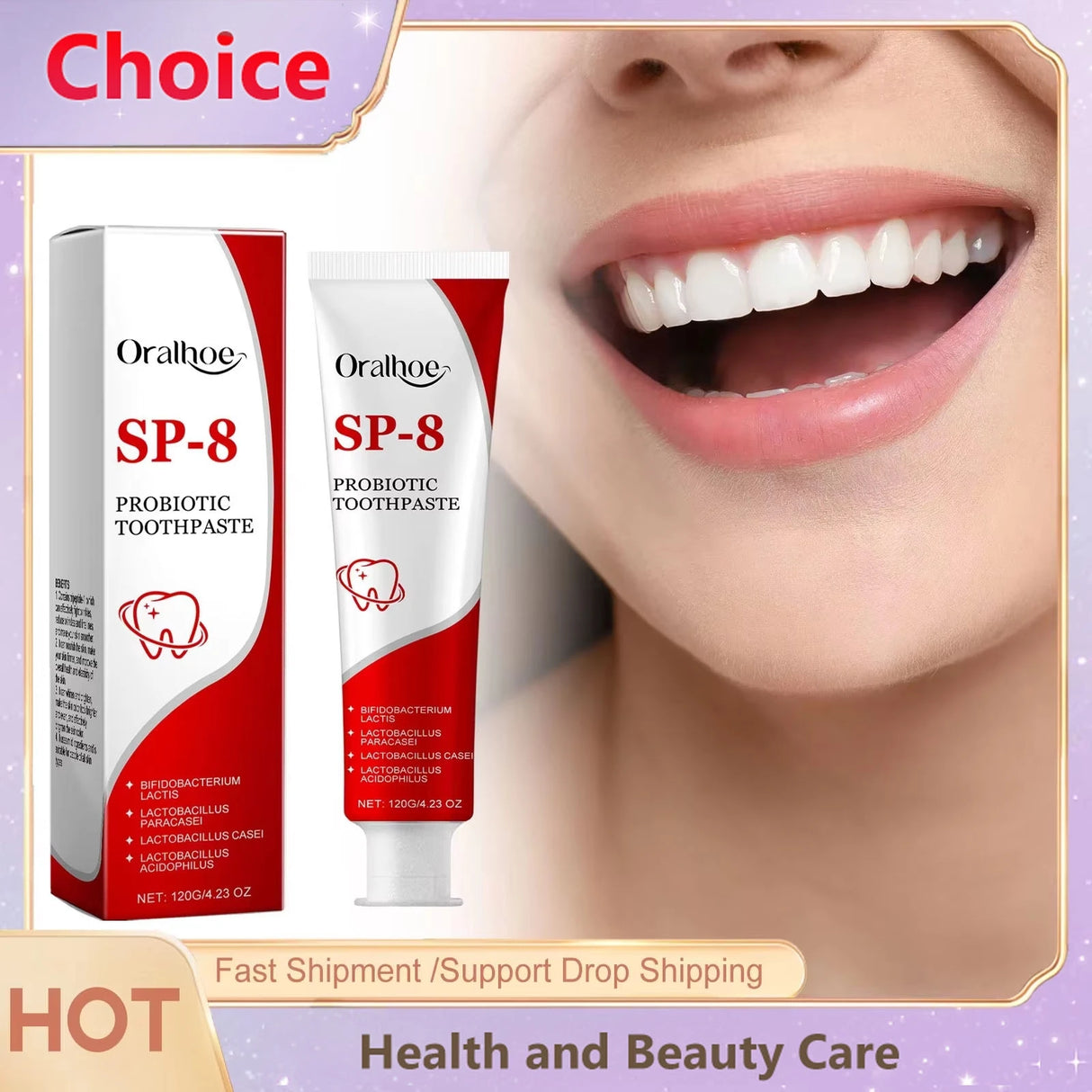 Oralhoo SP-8 Probiotic Toothpaste with a close-up of a smiling mouth on a purple background.