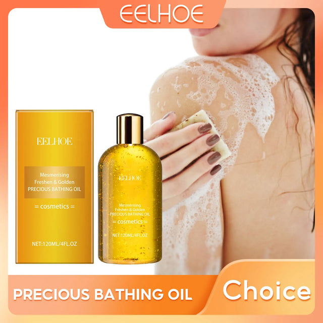 Eelhoe precious bathing oil with a person using it on their skin, featuring the brand logo.