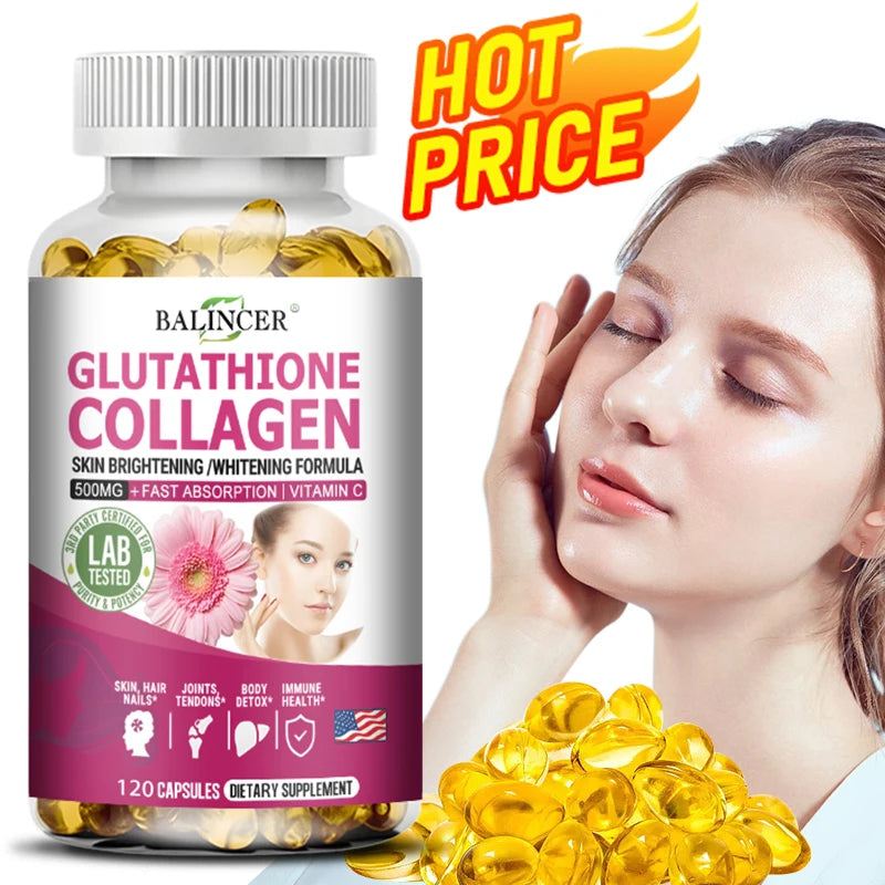 Glutathione Collagen supplement bottle with a woman's face and 'Hot Price' text.
