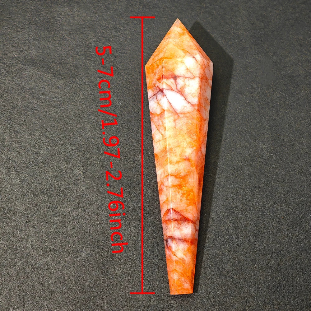Marbled stone tool with measurements on a dark gray background
