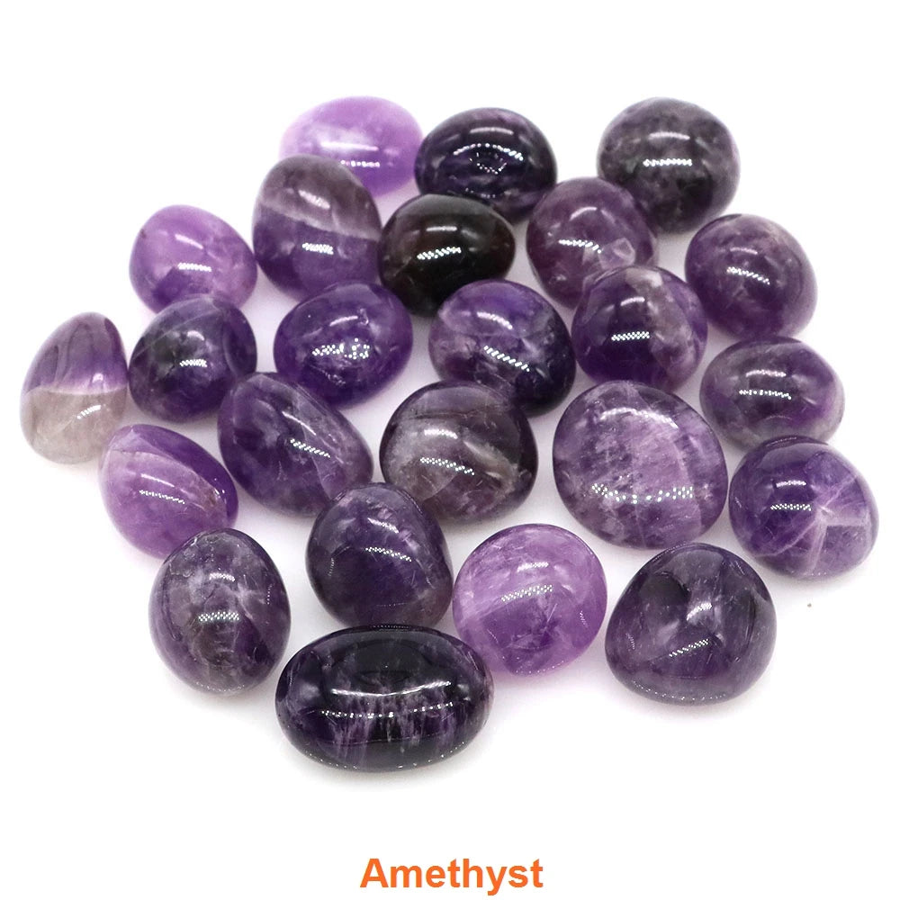 Collection of amethyst stones on a white background with 'Amethyst' text.