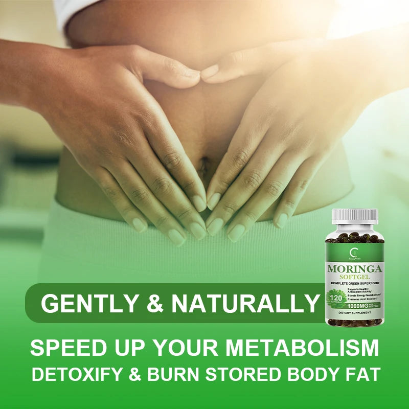Person holding hands over stomach with Moringa supplement bottle on green background