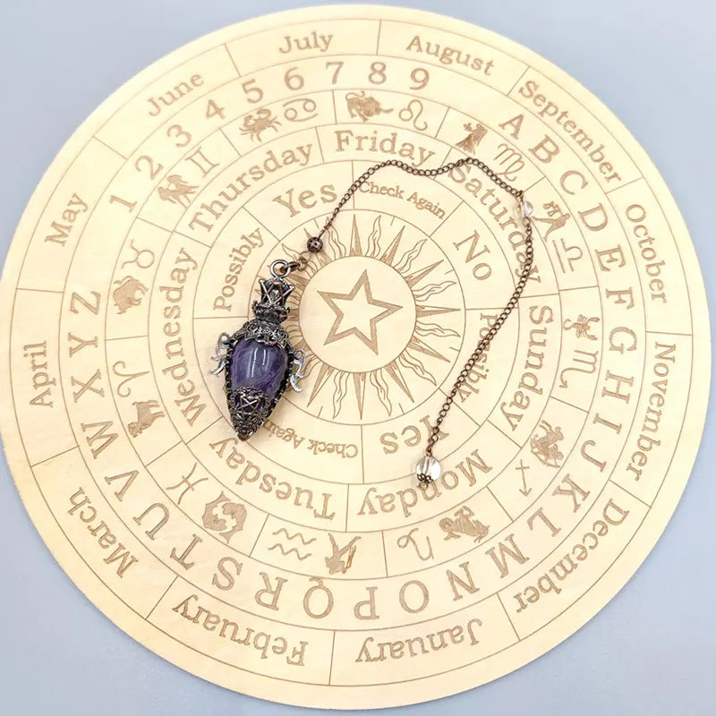 Necklace with a purple amulet on a circular calendar background