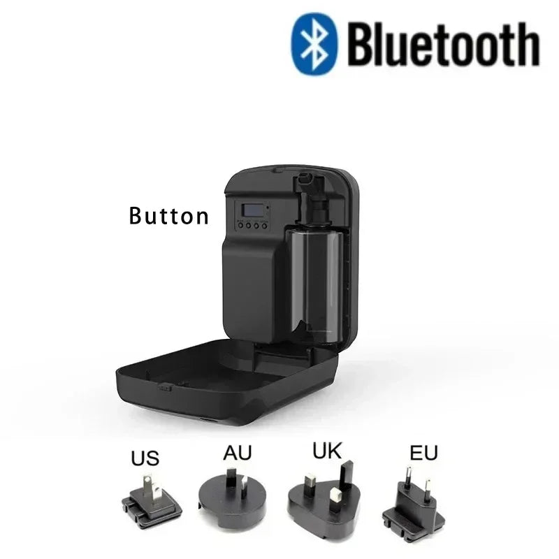 Black electronic device with Bluetooth logo and plug types labeled on a white background