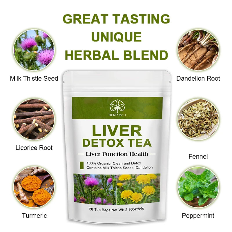 Hemp for U Liver Detox Tea package with ingredients and benefits displayed.
