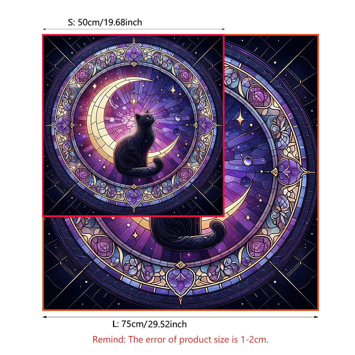 Decorative piece with a cat and moon design, featuring measurements on a white background.