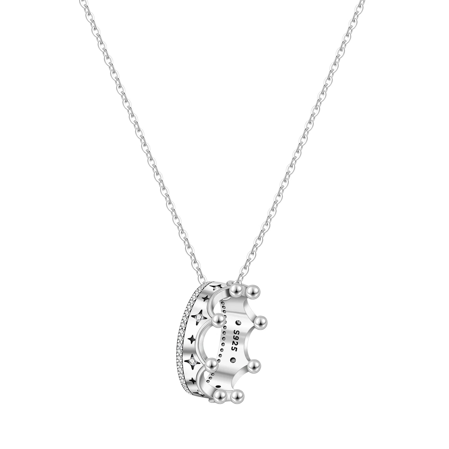 Silver crown pendant necklace on a white background