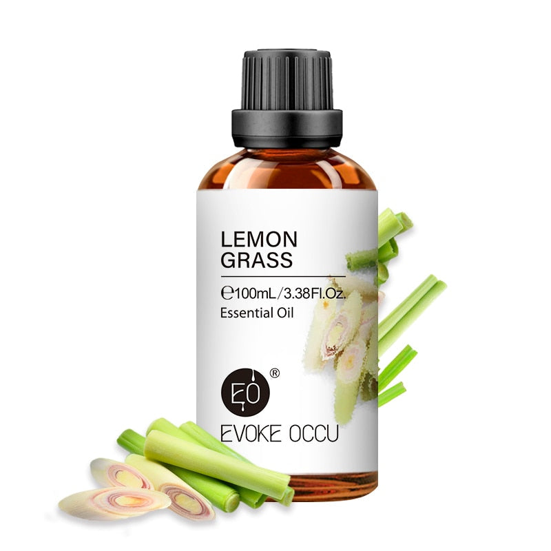 Evoke Occu lemon grass essential oil bottle with label and oil droplets on a white background