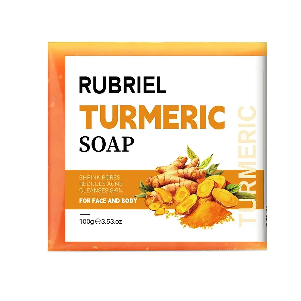 Rubriel Turmeric Soap packaging with turmeric roots and powder on a white background