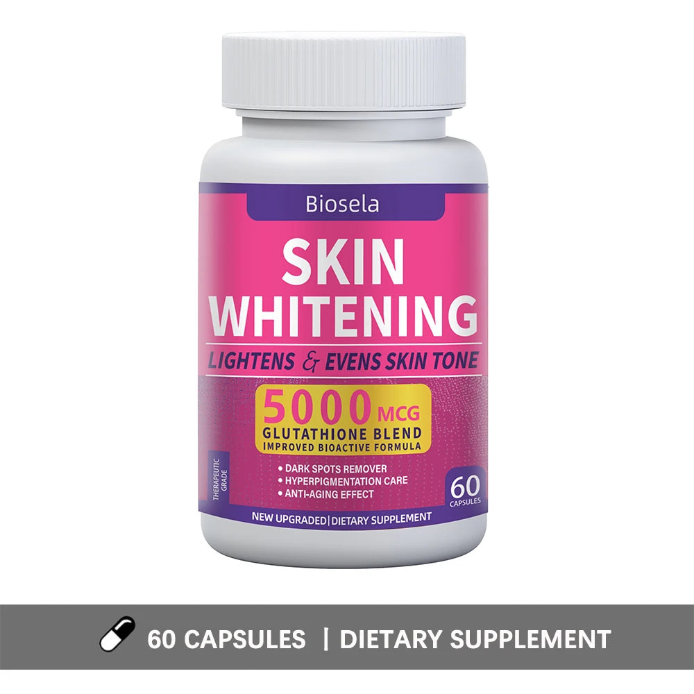 Bottle of Biosela Skin Whitening supplement with pink label on a white background