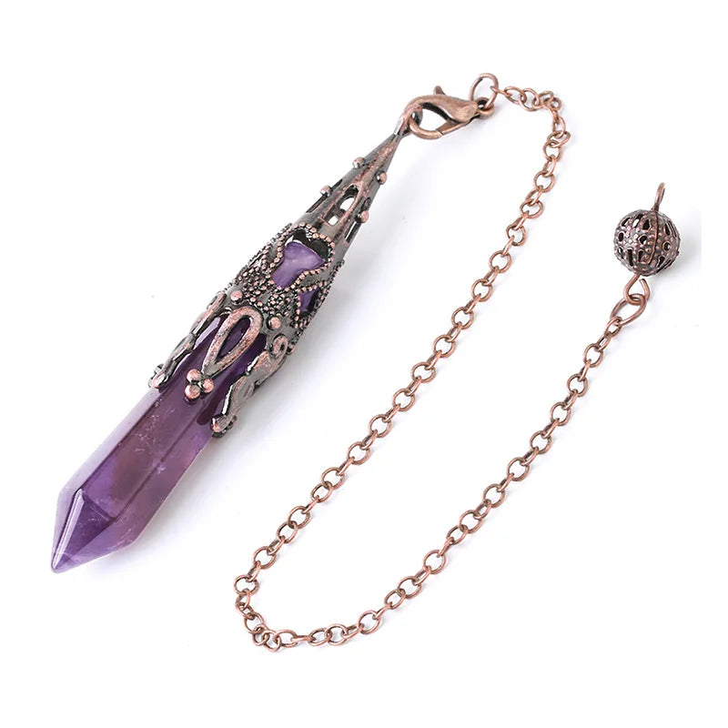 Purple crystal pendant with decorative chain on a white background