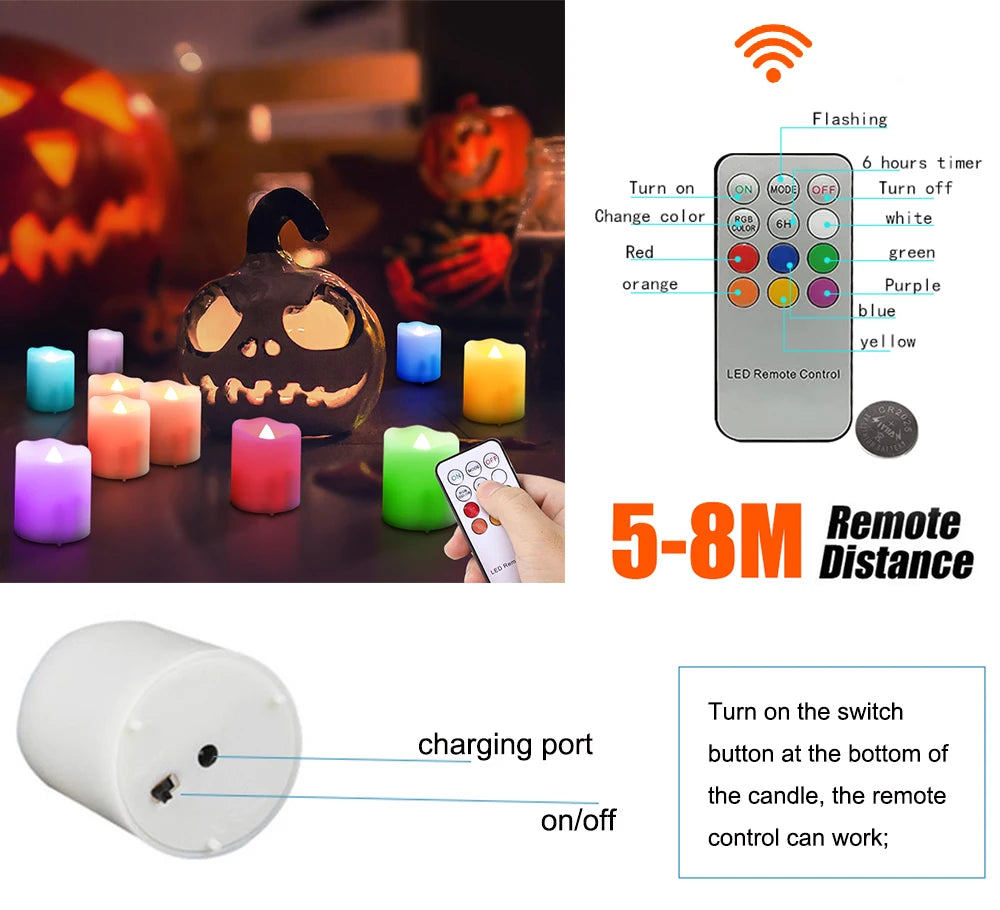 Color-changing LED candles with remote control and Halloween-themed setup