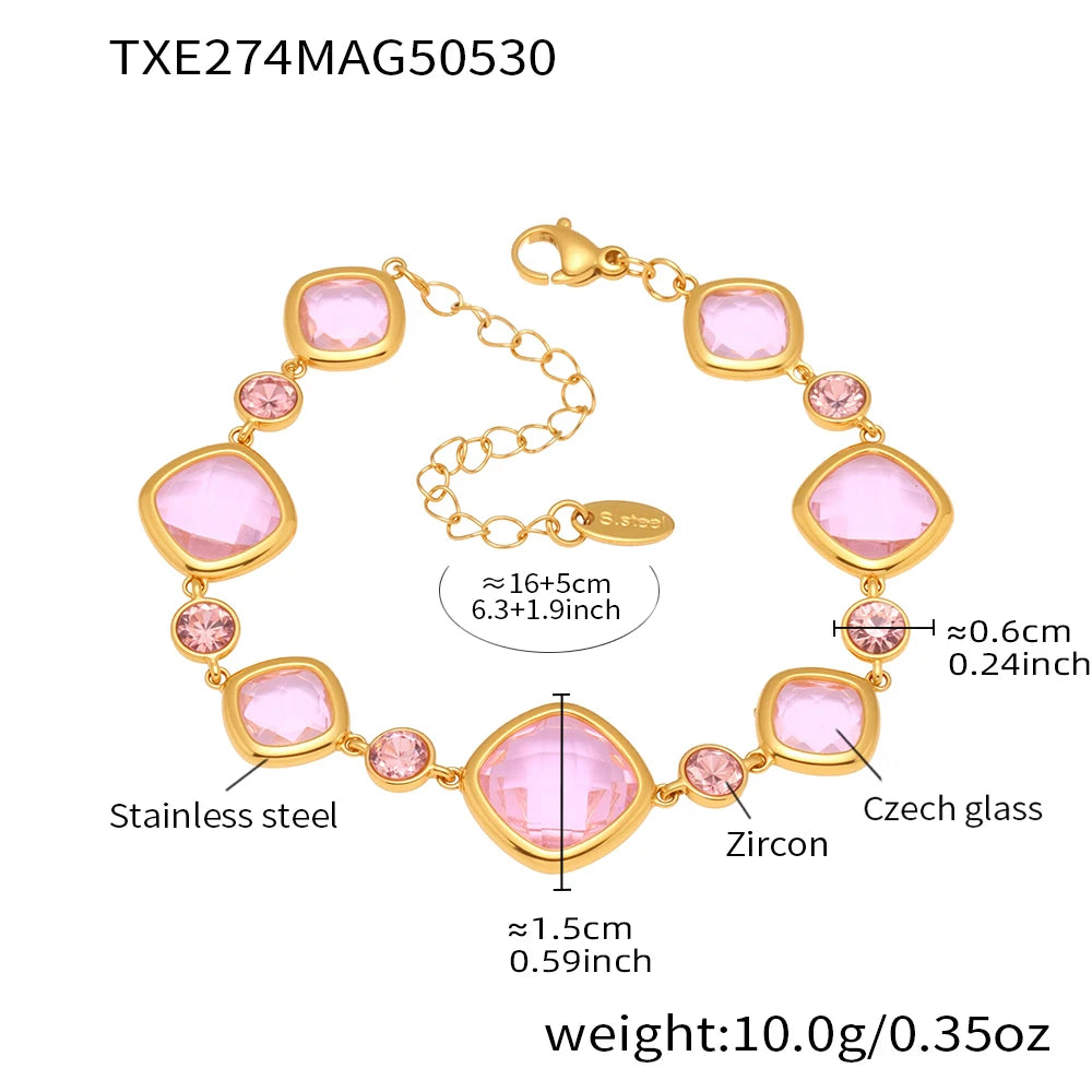 Gold bracelet with pink gemstones and measurements on a white background